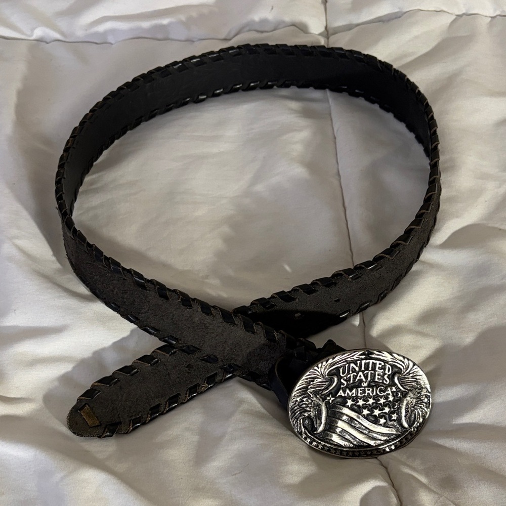 USA Black Leather Belt with Silver Buckle